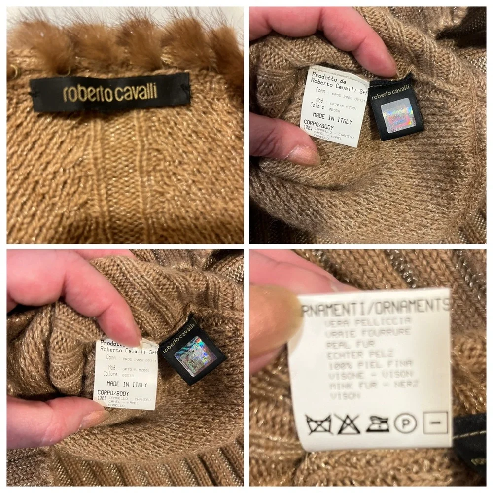 Roberto Cavalli Tan Sweater Camel Hair Belted Medallion V Neck 6 VTG Vintage 🟡